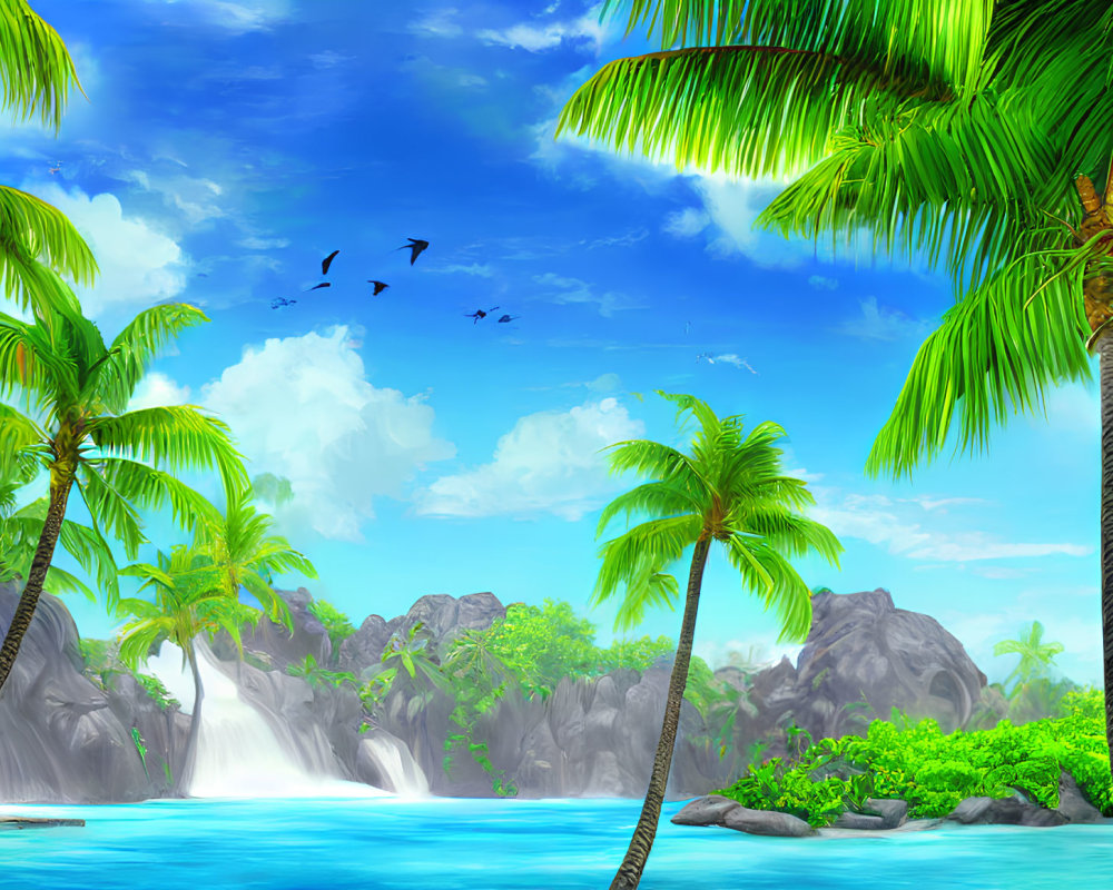 Scenic tropical beach with palm trees, waterfall, rocks, and birds