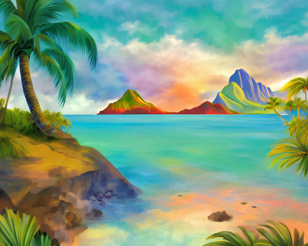 Tropical beach scene with palm trees, ocean, mountains, and sunset