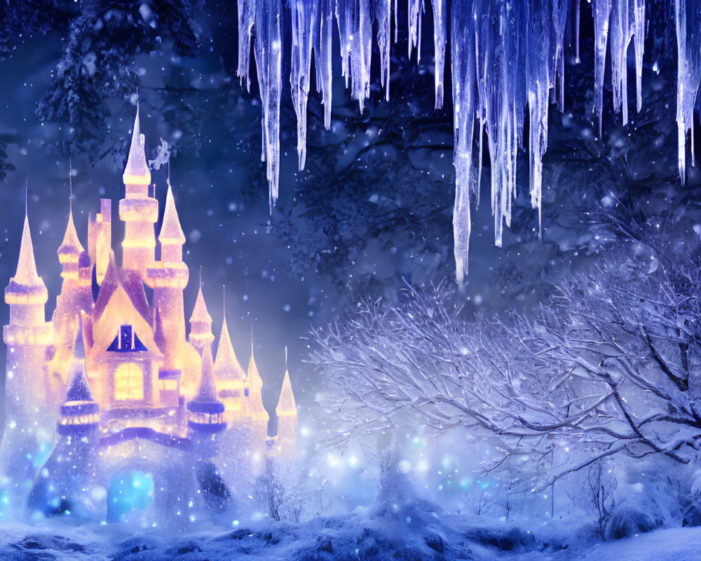 Snowy scene with glowing castle, icy stalactites, frost-covered tree, and blue light.