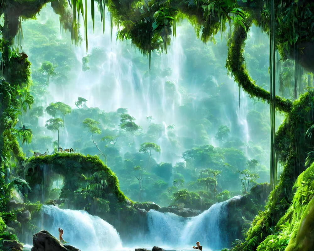 Tropical Forest with Waterfalls, Mist, and Dense Foliage