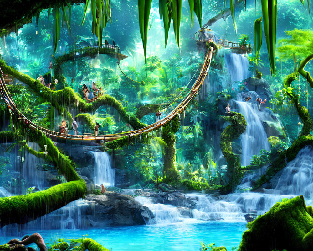 Colorful Jungle Scene with Rope Bridge and Waterfalls