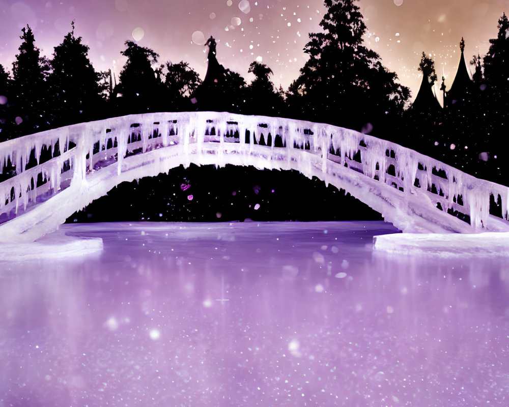 Snow-covered bridge over frozen water under twilight sky.