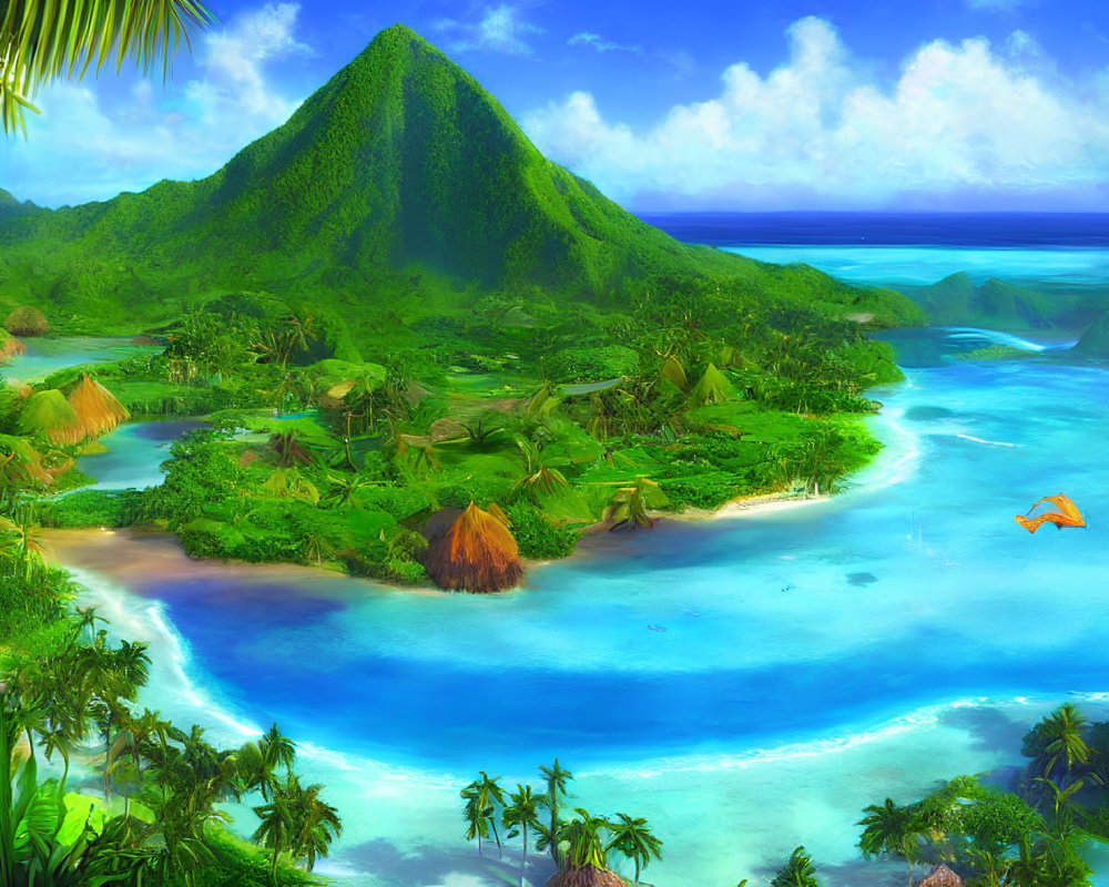 Tropical island with green mountain, palm trees, huts, blue lagoon, and parasailing