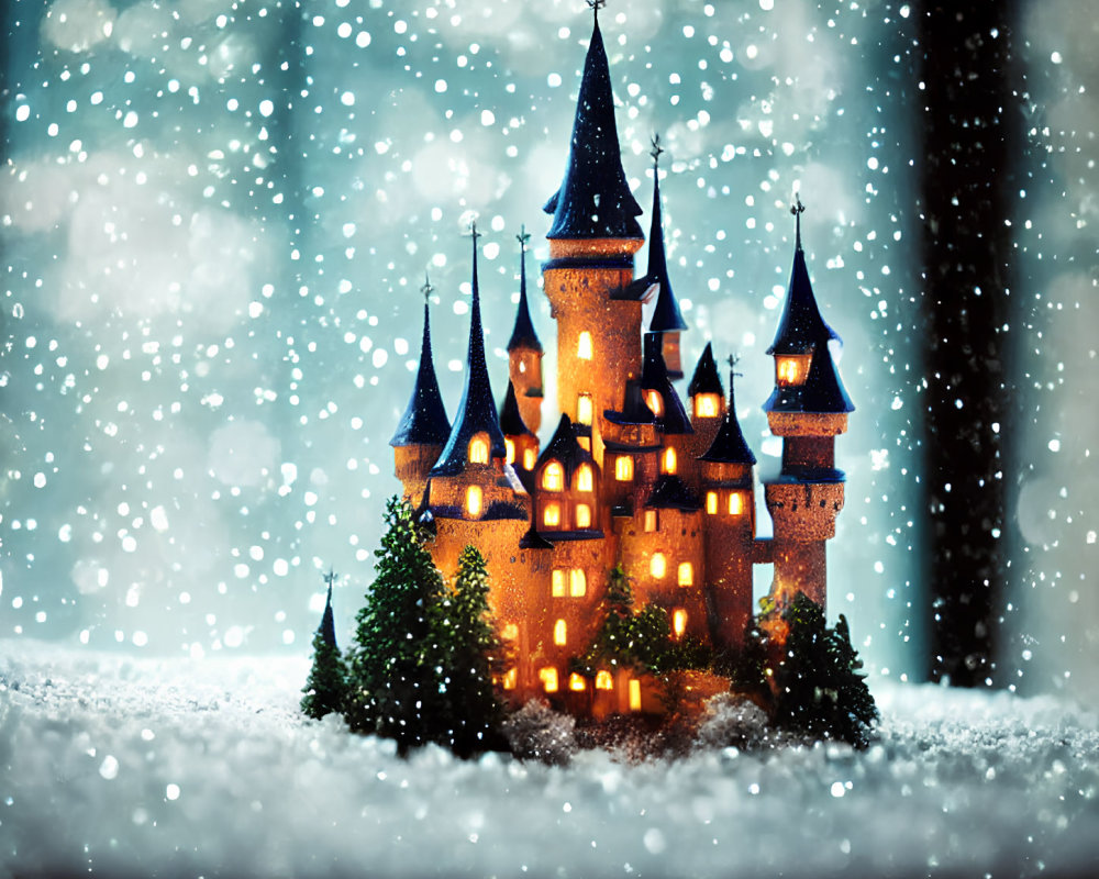 Miniature Castle in Snowy Landscape with Illuminated Windows