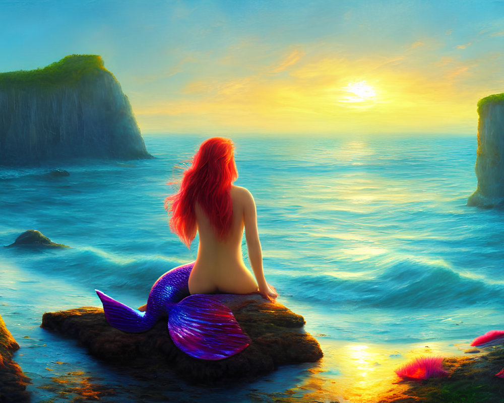 Vibrant Red-Haired Mermaid on Rock at Sunset with Purple Tail