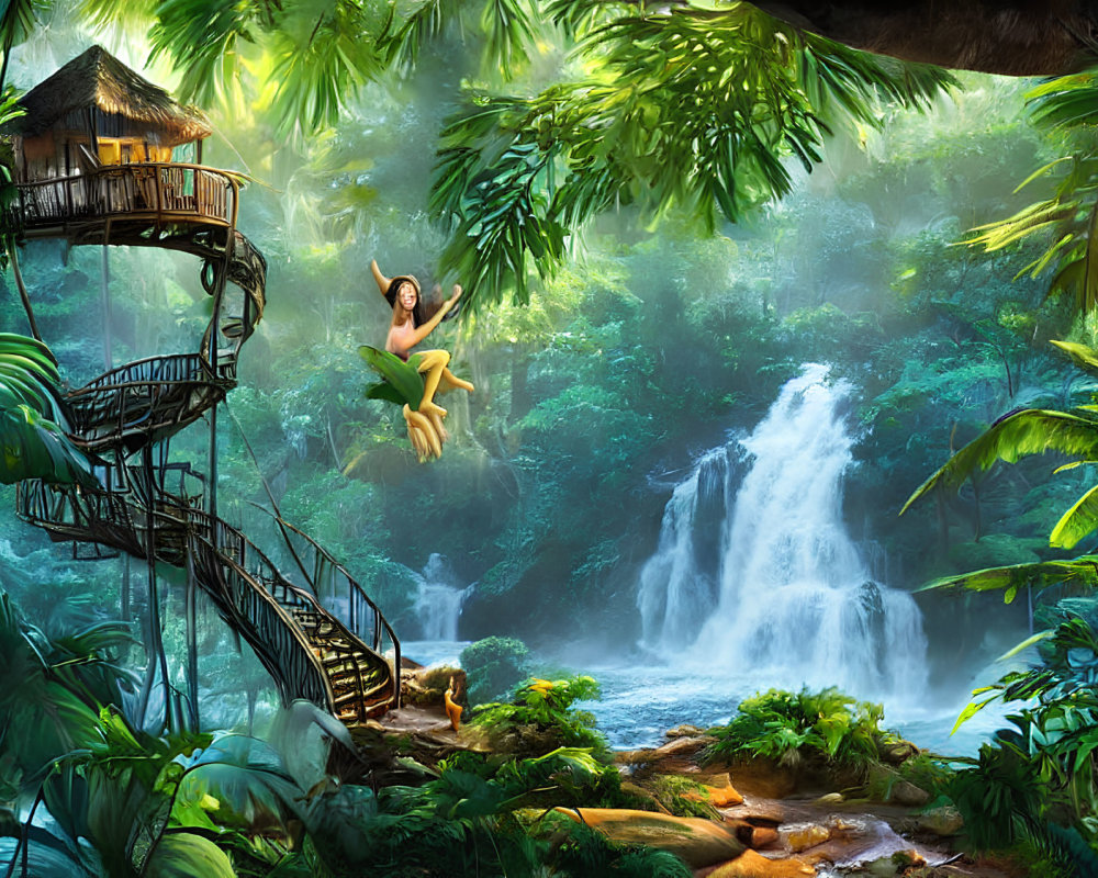 Person sliding down zip line above tropical waterfall and treehouse