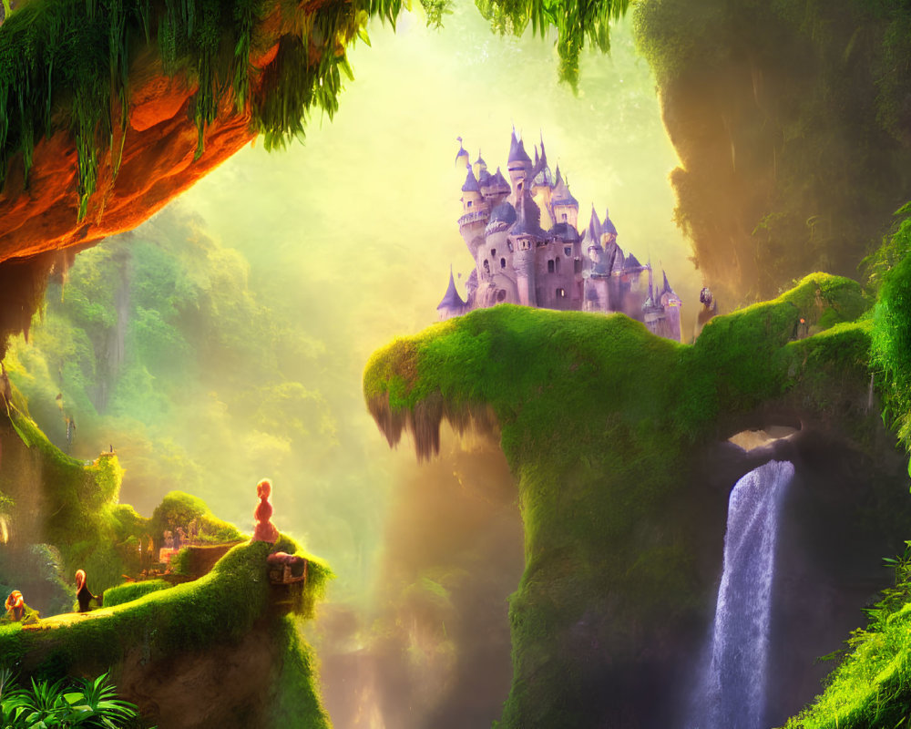 Fantastical landscape with castle, waterfalls, and figure overlooking cliff