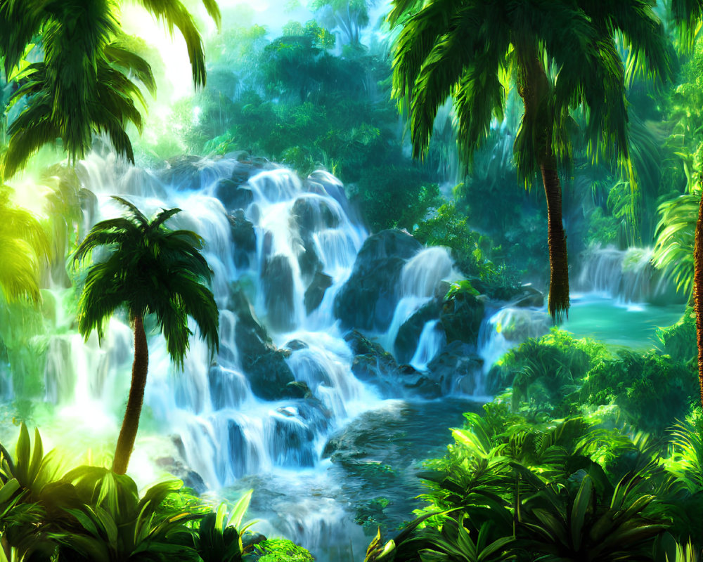 Vibrant digital artwork of lush tropical forest with waterfall