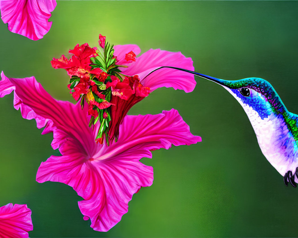 Colorful digital artwork of hummingbird feeding on flowers