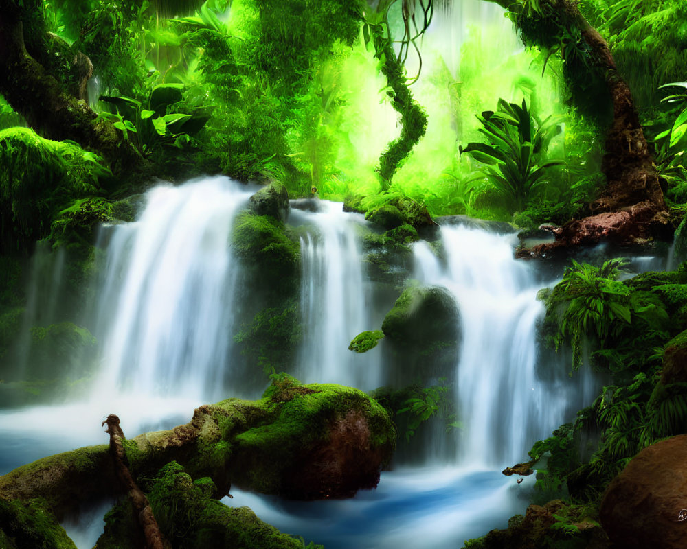 Tranquil forest scene with mossy rocks and waterfall