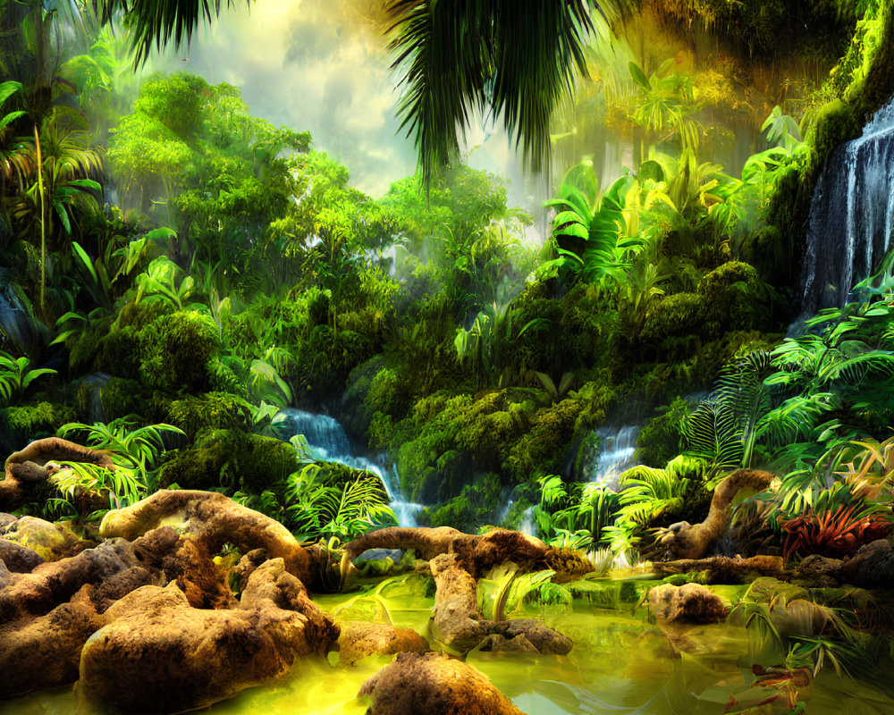 Tropical jungle scenery with waterfalls, lush foliage, mossy stones, and serene pond