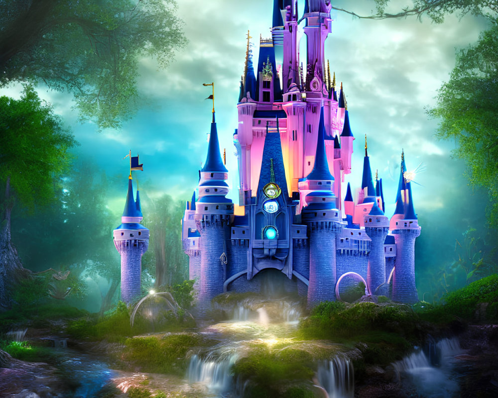 Enchanted forest castle with spires and glowing light