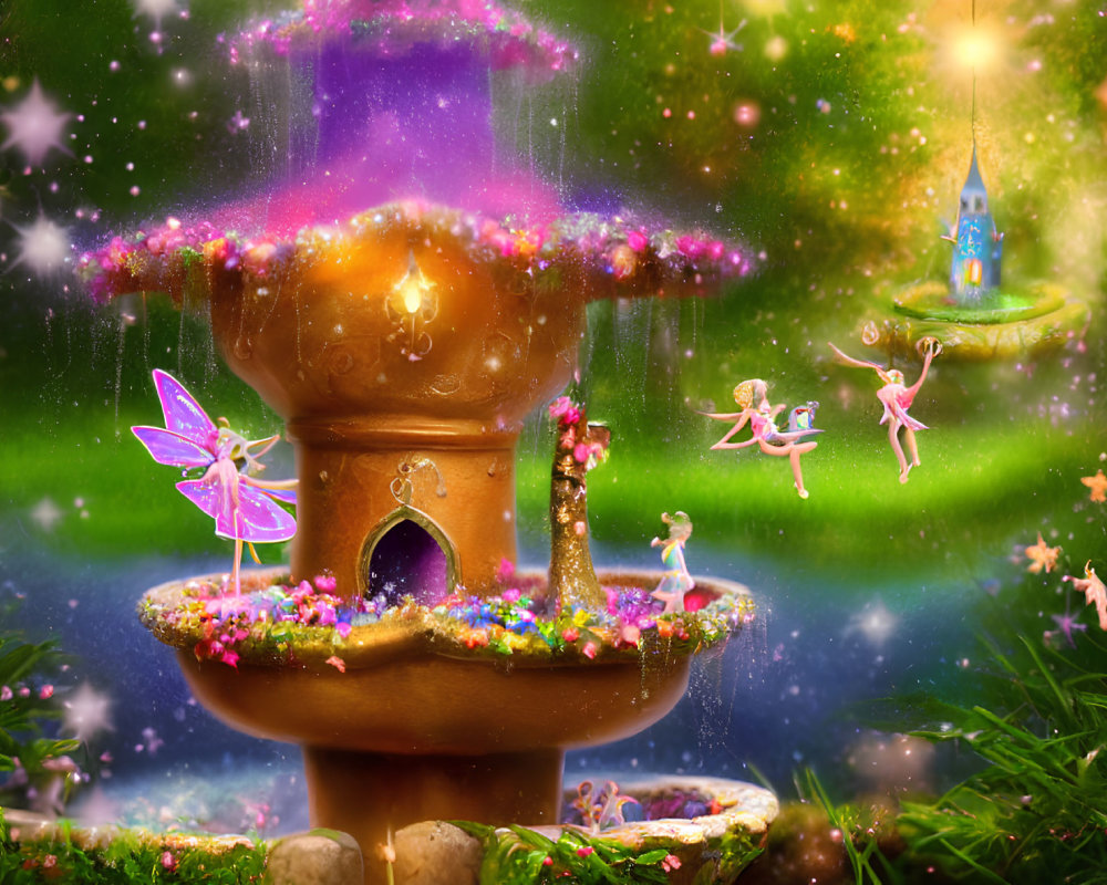 Whimsical fairy fountain in enchanted garden