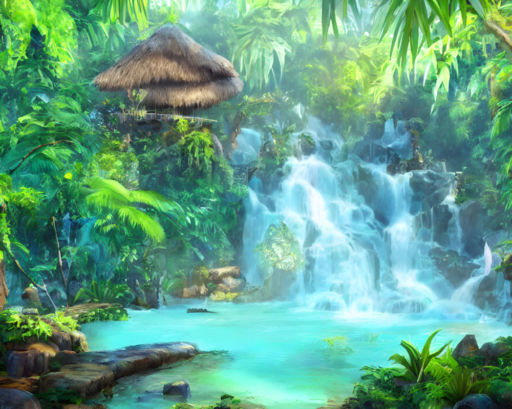 Tropical paradise with thatched hut, waterfall, and lagoon