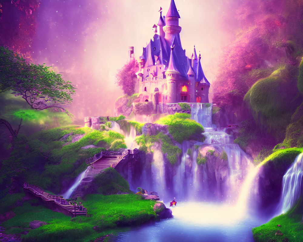 Fantastical castle on waterfall with lush greenery and purple sky