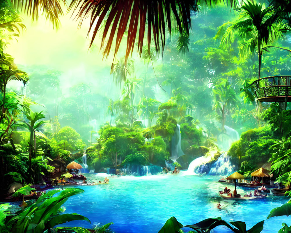 Tropical paradise with lush foliage, waterfalls, serene lake, and canoe ride