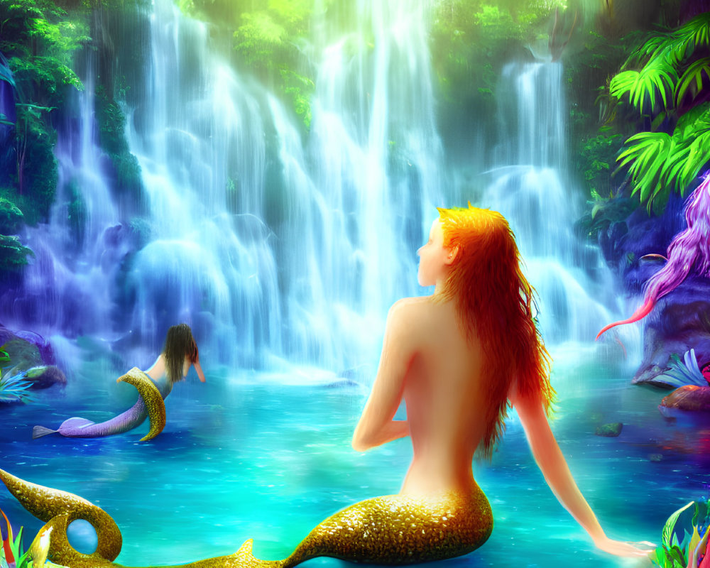 Vibrant-tailed mermaids at tropical jungle waterfall