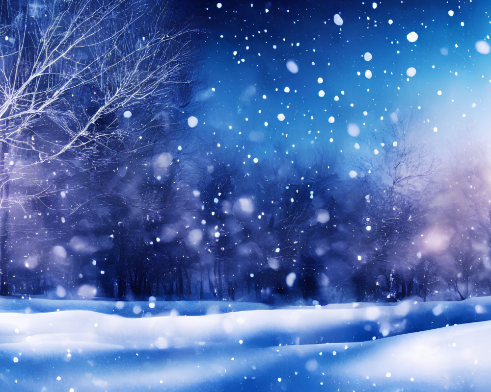 Snowy Winter Twilight Landscape with Falling Snowflakes