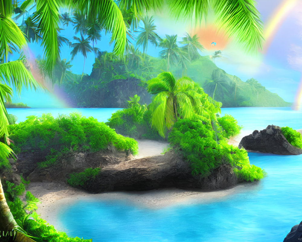 Tropical beach scene with palm trees, blue waters, and double rainbow