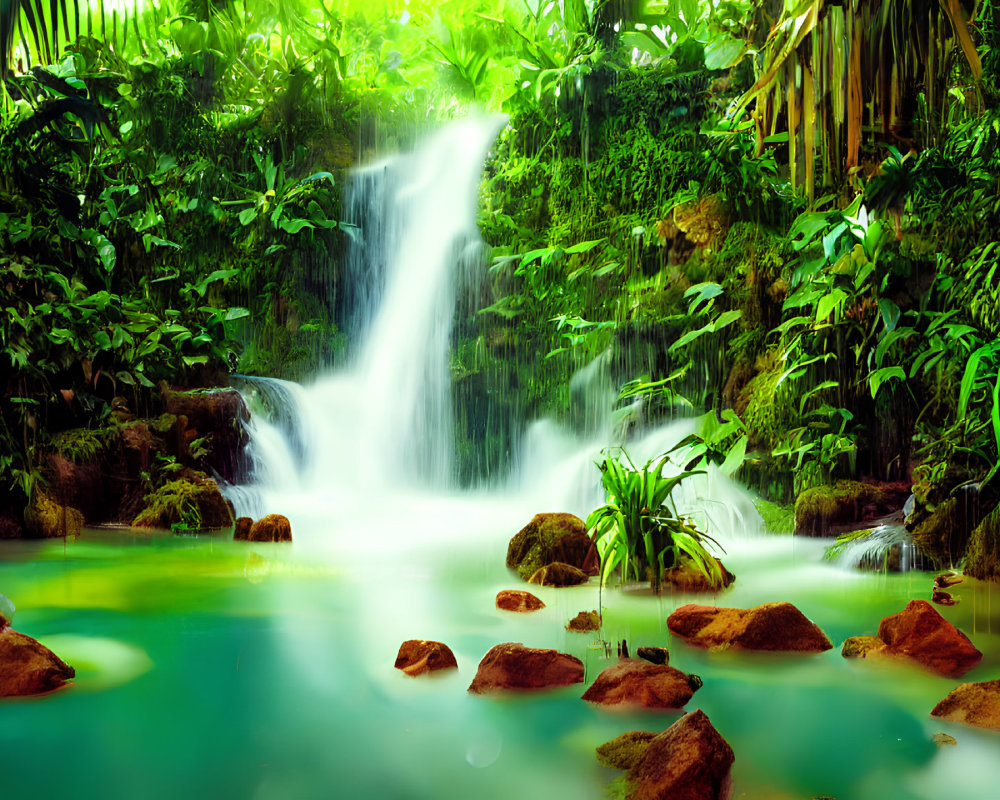 Tranquil tropical waterfall surrounded by lush greenery and bamboo trees