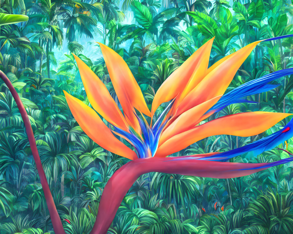 Colorful digital artwork: Orange Bird of Paradise flower & blue hummingbird in lush jungle