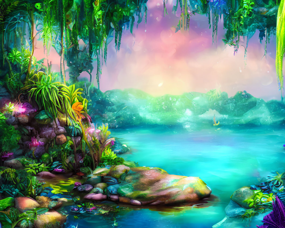 Colorful Fantasy Landscape with Luminous River & Misty Mountains