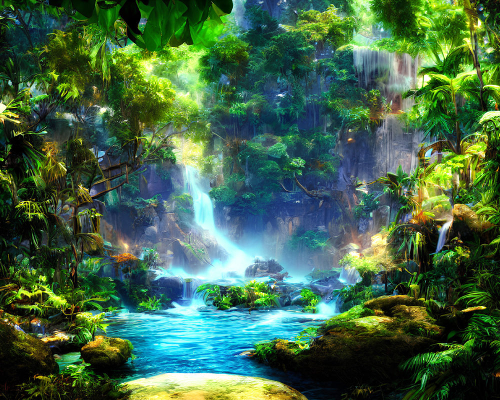 Vibrant tropical forest with waterfall and serene pool in sunlight