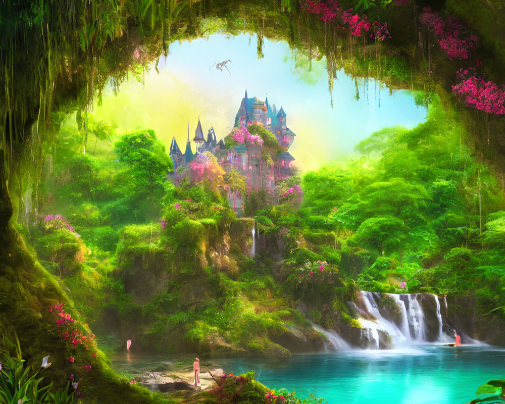 Castle in lush green fantasy landscape with waterfalls, lake, vibrant flora, and flamingos under glowing