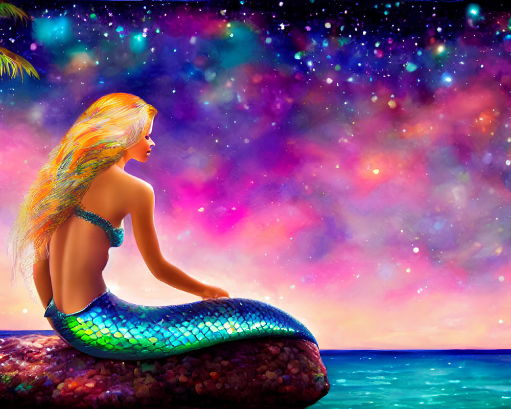 Vibrant mermaid illustration with blonde hair on rock by starry sea