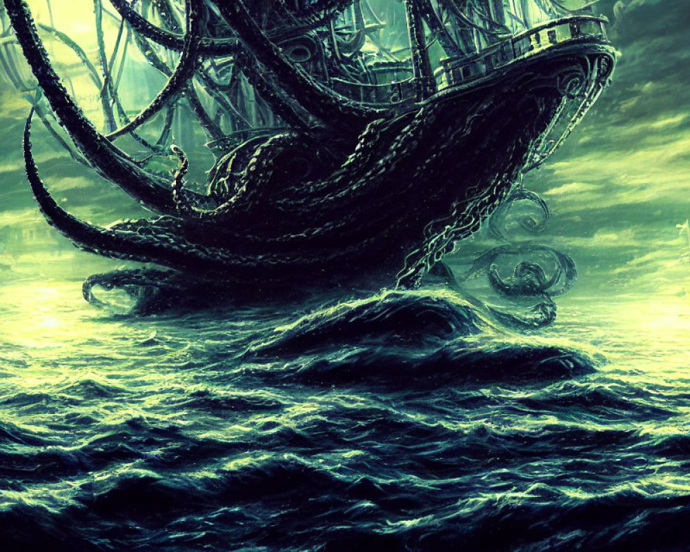 Fantasy scene: Ship ensnared by giant tentacles in stormy sea