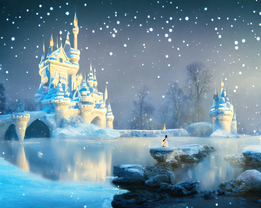 Glowing castle and snowy bridge in magical winter scene