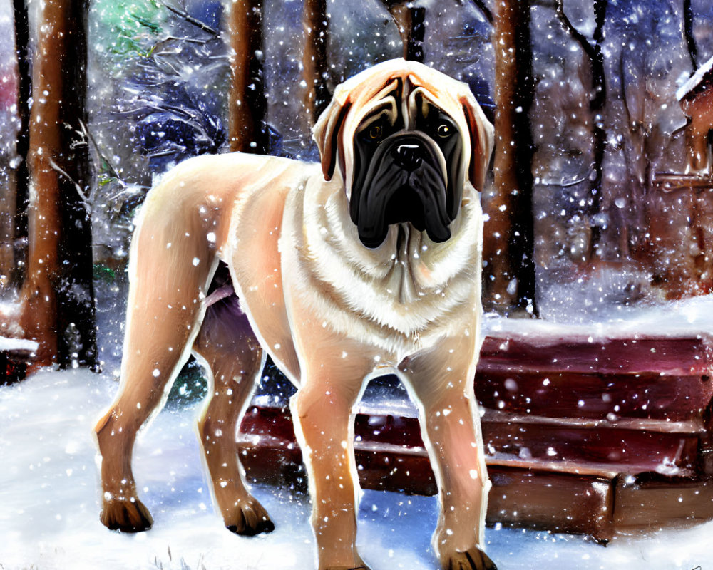 Pug in snowy scene with winter trees and bench