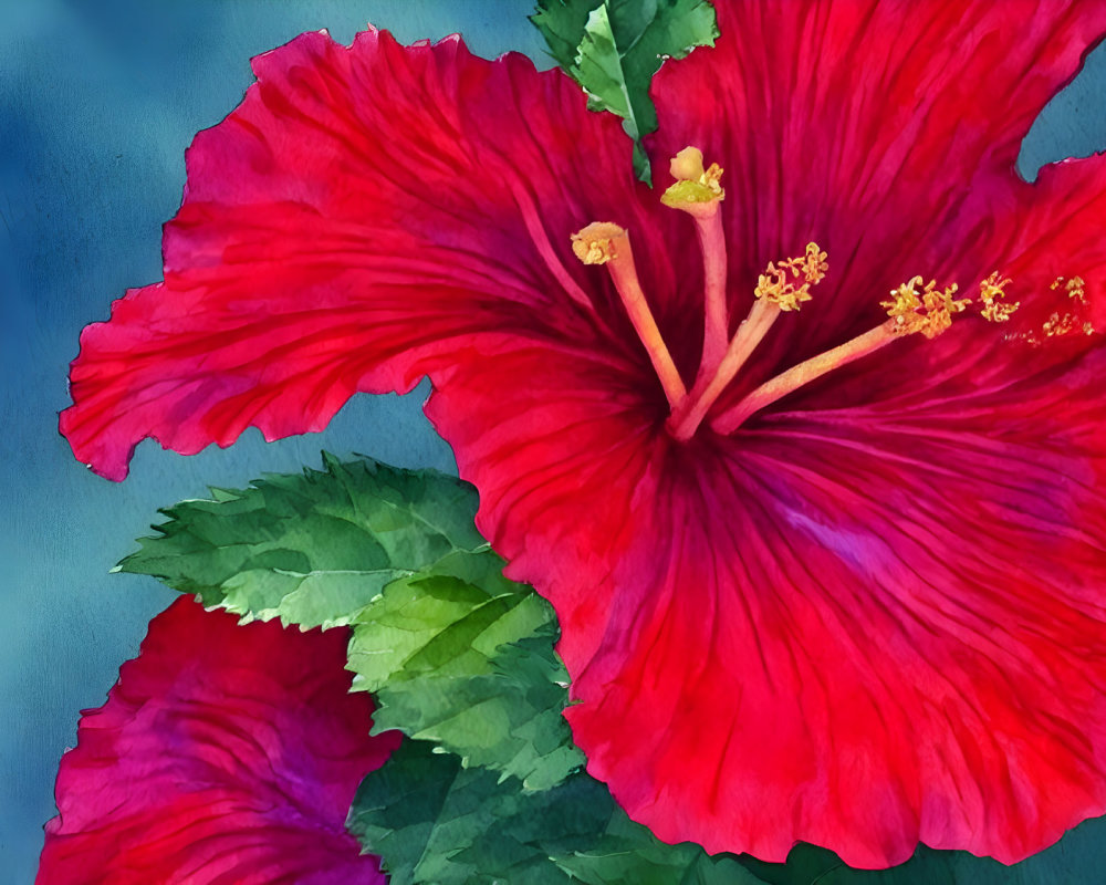 Vibrant red hibiscus flower with yellow stamens on blue background