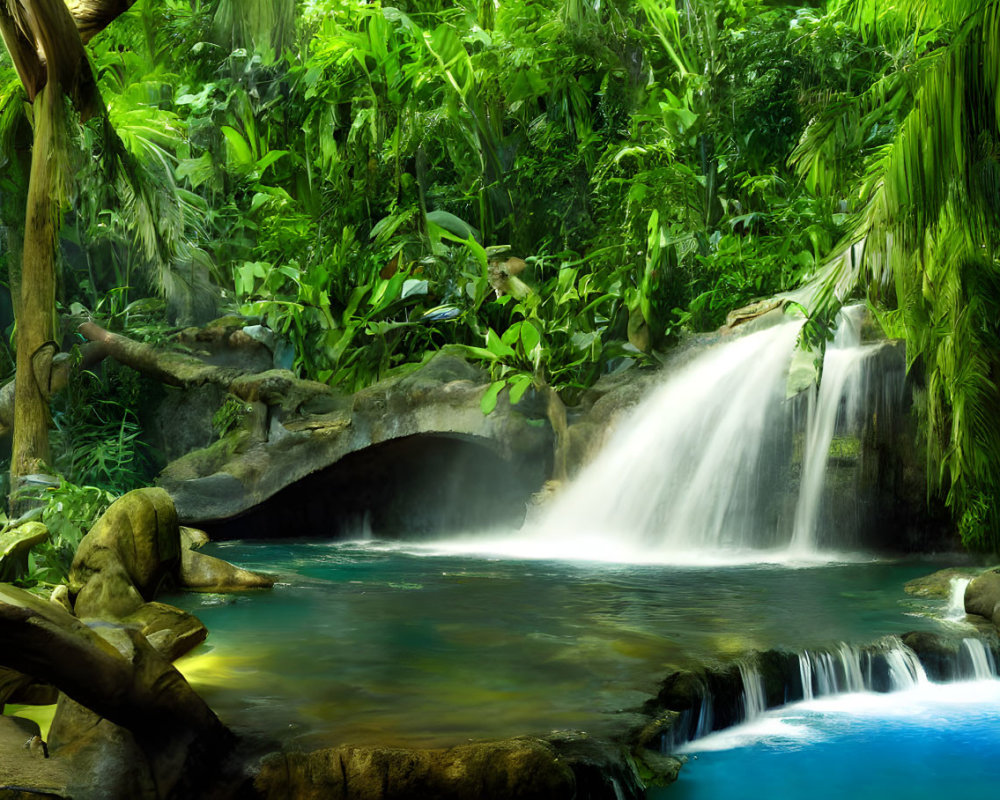 Serene tropical forest waterfall with blue pool and lush greenery