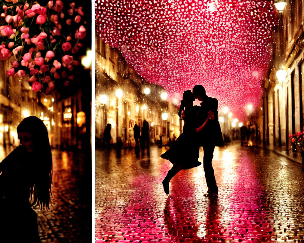 Romantic couple under pink flower canopy on rain-kissed street at night