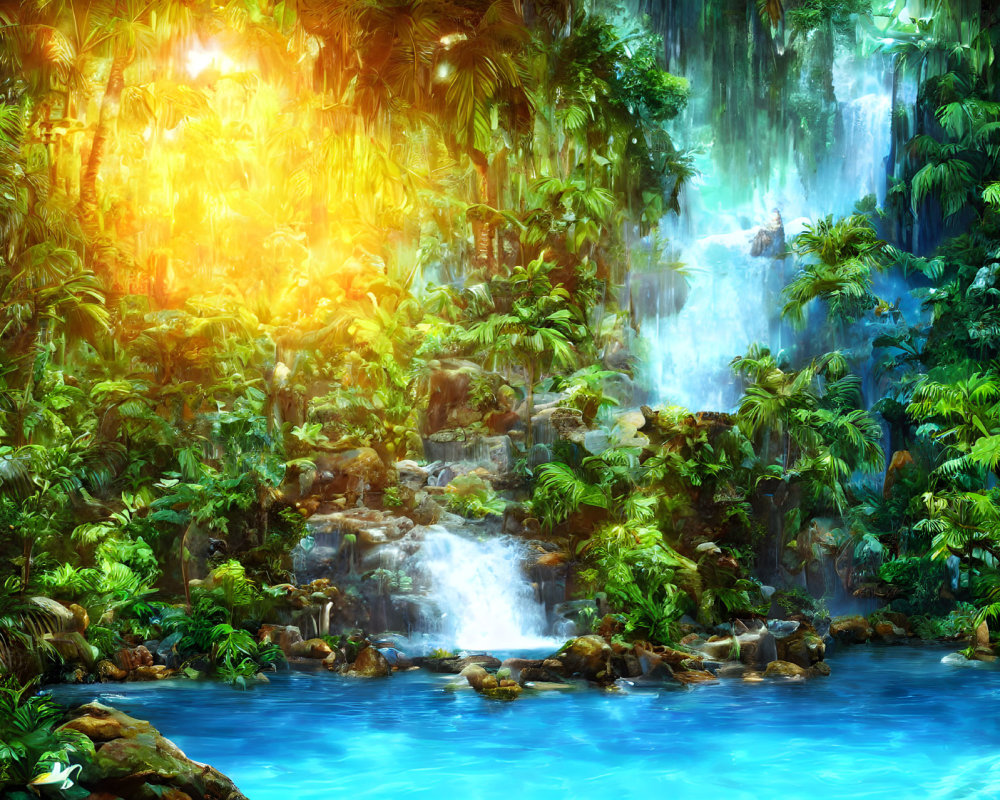 Tropical Forest with Cascading Waterfalls and Blue Pool