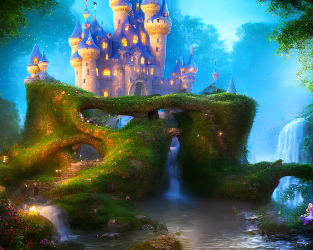 Enchanting castle in lush greenery with waterfalls, serene river, glowing bridge, and figure