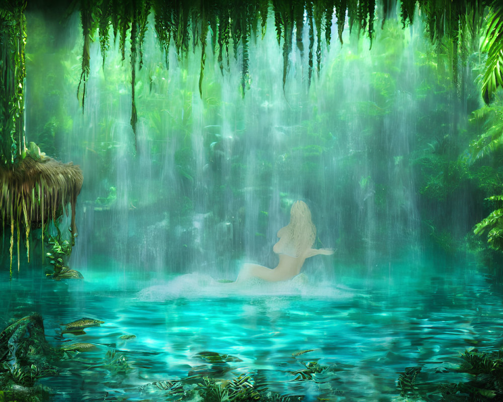 Long-haired mermaid in serene pond of lush jungle with waterfalls