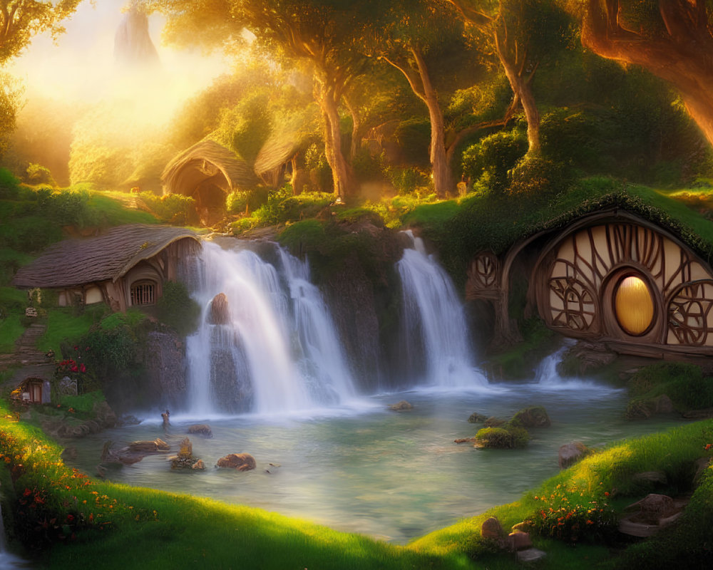 Sunlit mystical landscape with circular door cottage, cascading waterfalls, lush greenery