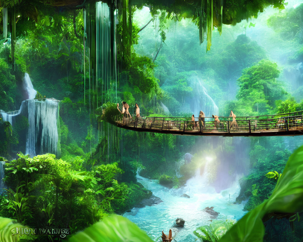 People crossing rope bridge in lush green jungle with waterfalls