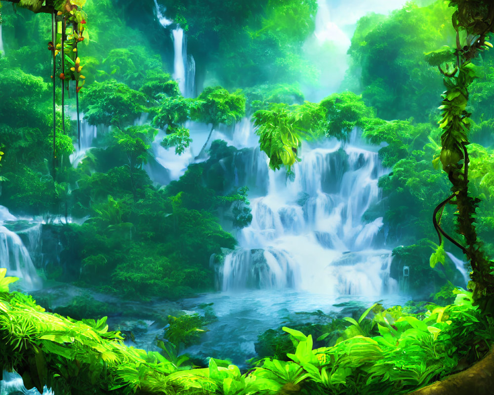 Tropical Forest with Cascading Waterfalls and Vibrant Flora