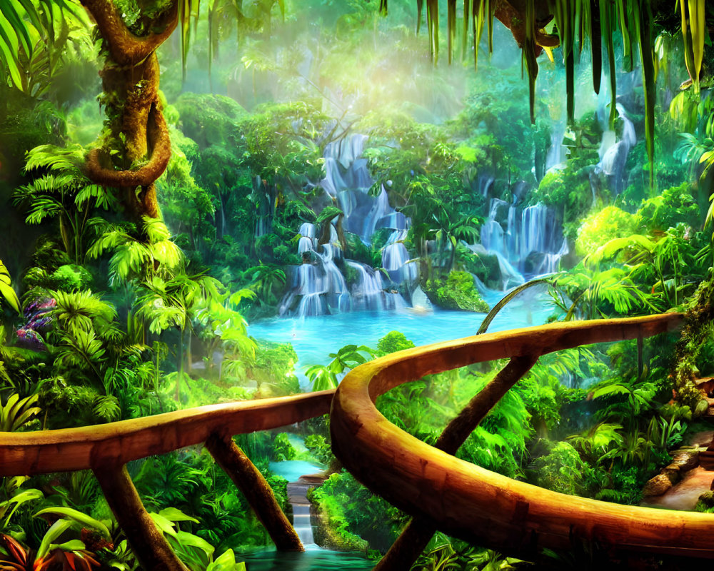 Lush Jungle Scene: Greenery, Waterfalls, River, Walkway