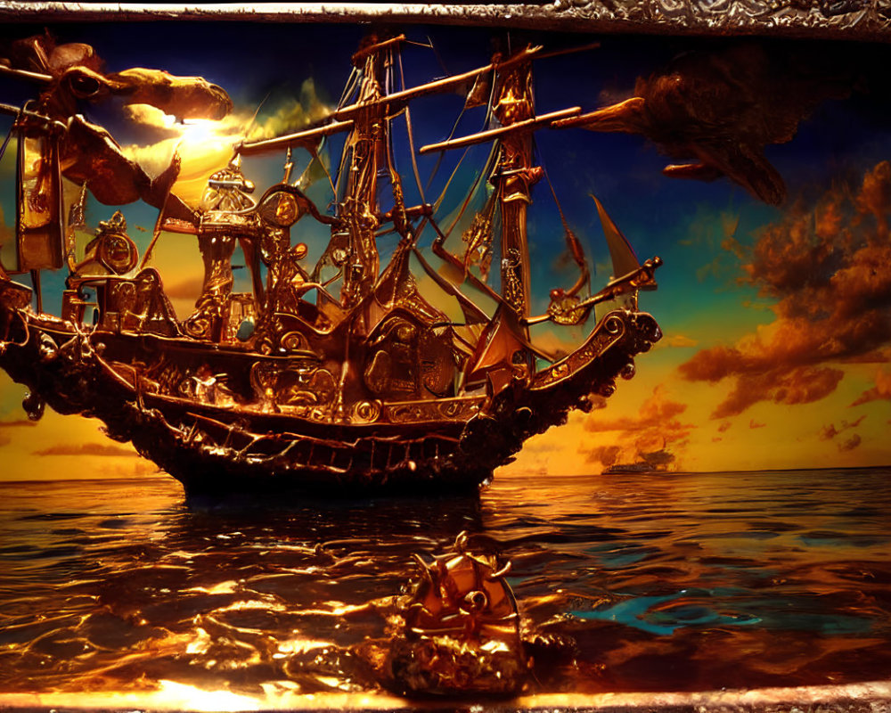 Detailed 3D sailing ship on stormy seas under golden sunset