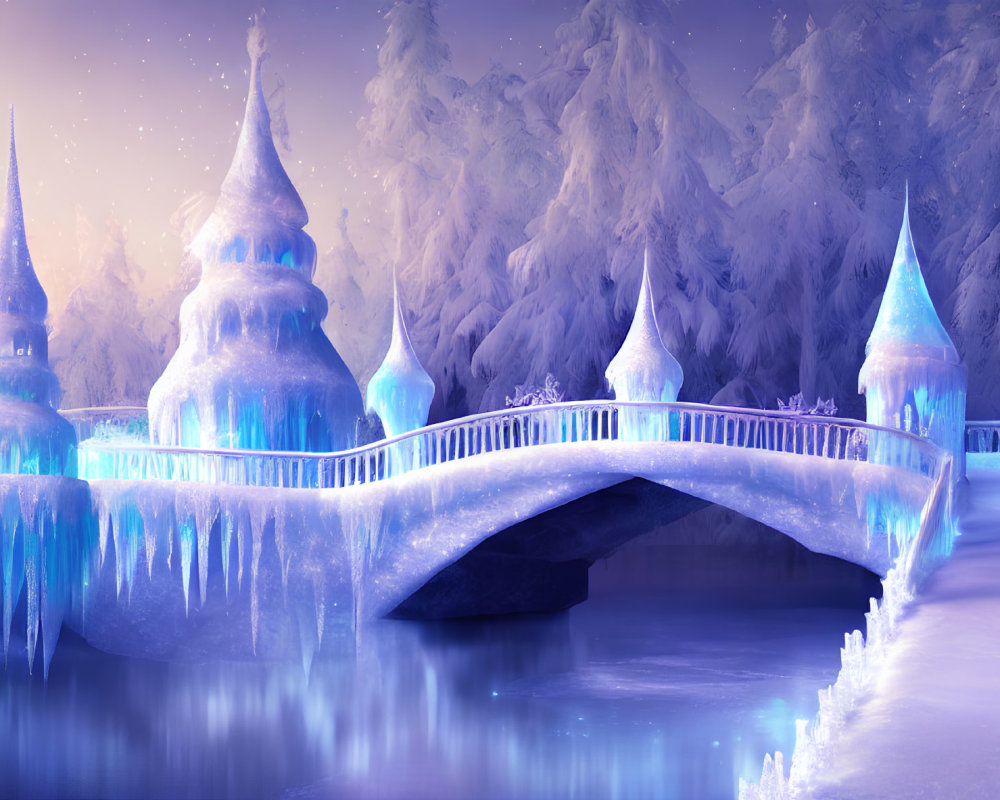 Winter landscape with icy bridge and fantasy castle in snow-covered trees