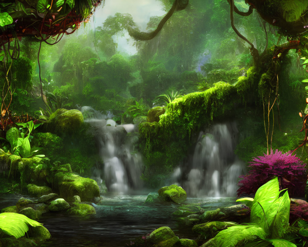 Vibrant green forest with waterfalls, mossy rocks, and serene river