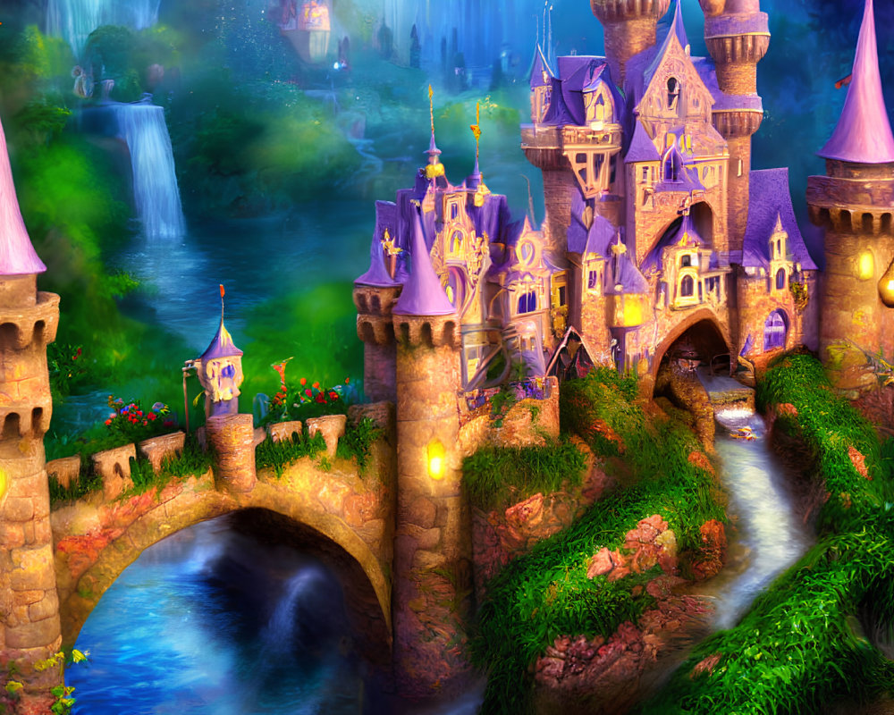 Enchanted castle with spires and turrets in lush forest