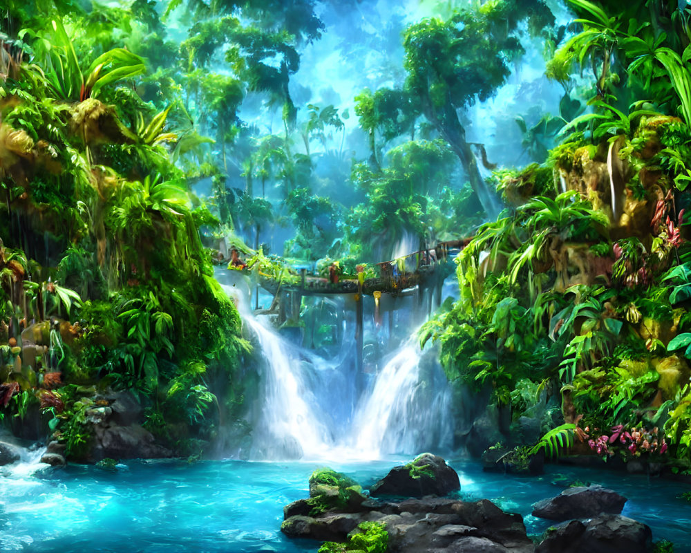 Lush jungle scene with waterfall, pool, and wooden bridge