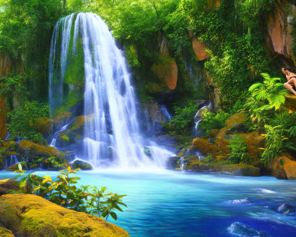 Tranquil waterfall scene with lush greenery and a person relaxing on a rock