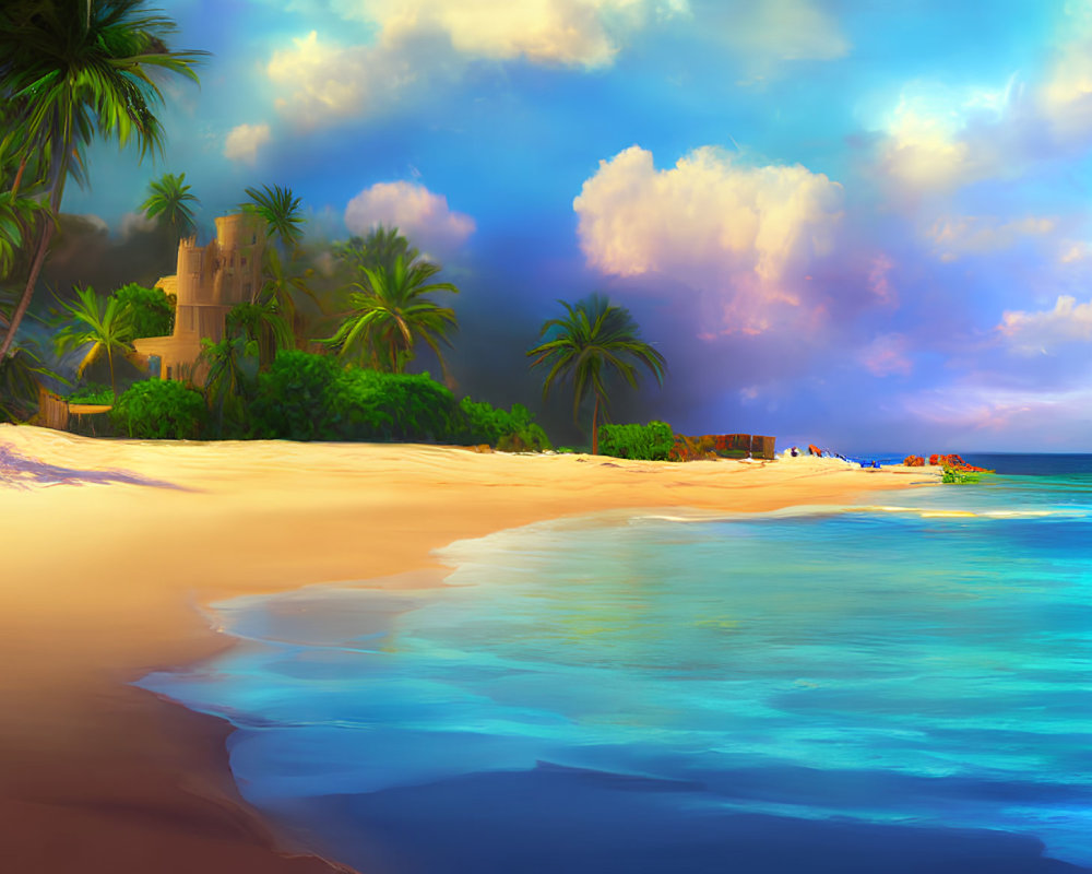 Tranquil beach scene with crystal clear waters, golden sands, palm trees, distant castle, vibrant