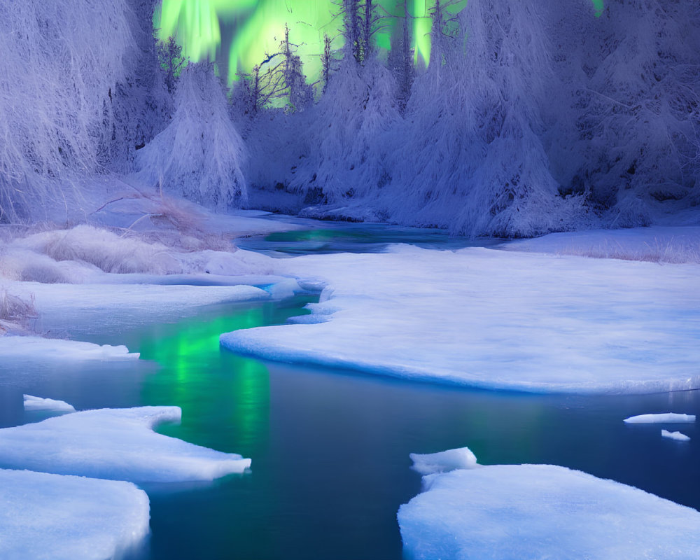 Snow-covered trees, icy river, and Northern Lights in serene winter night scene